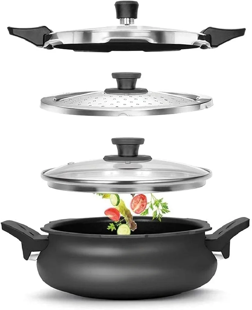 （Free shipping）  Stovekraft Belita Hard Anodized Super Cooker Set, 3 Ltrs, 4-Pieces, Black.