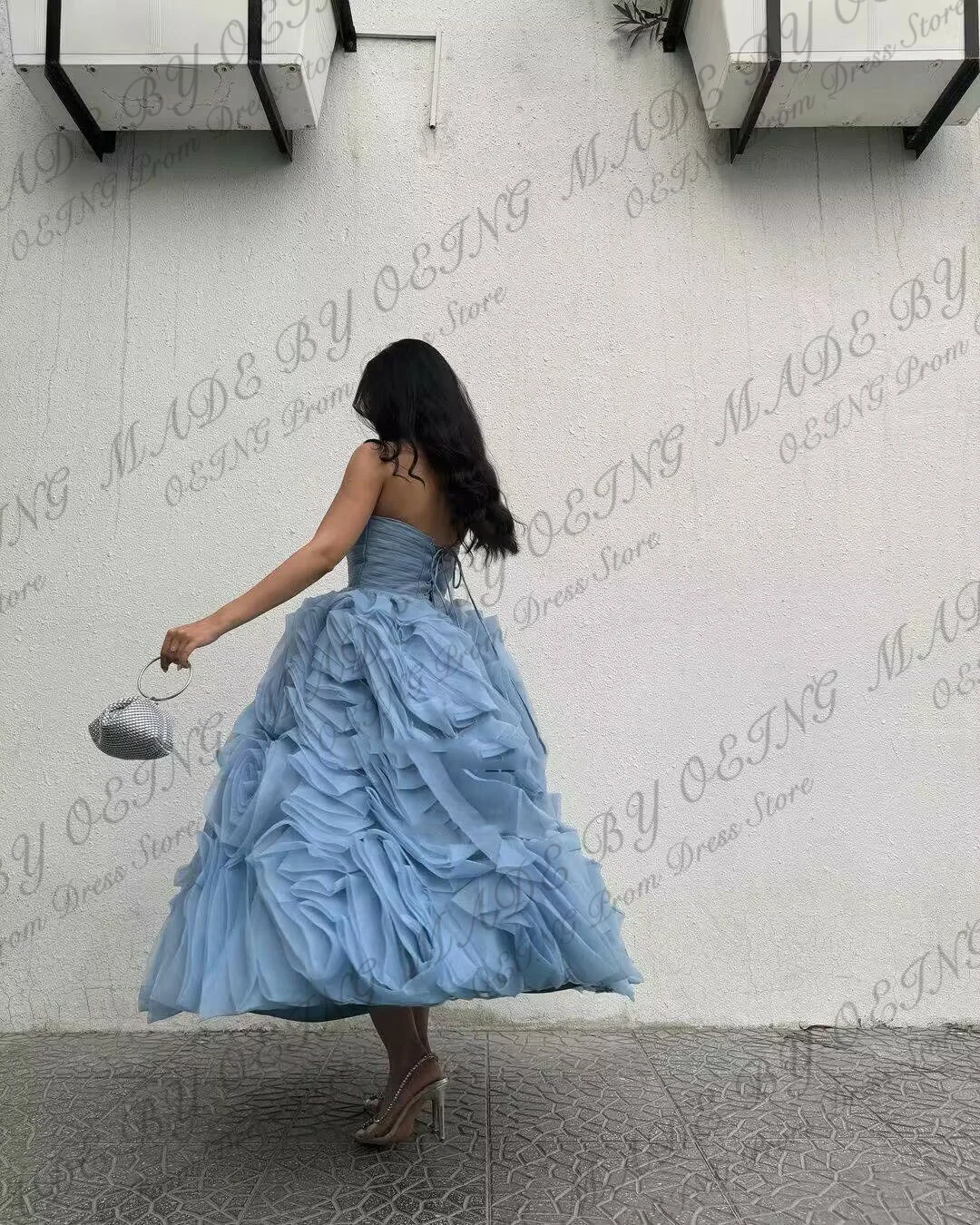 OEING Sky Blue Prom Dresses Elegant Princess Tulle Tiered Flowers Party Dress Special Occasion Ladies Gown Vestidos De Novia