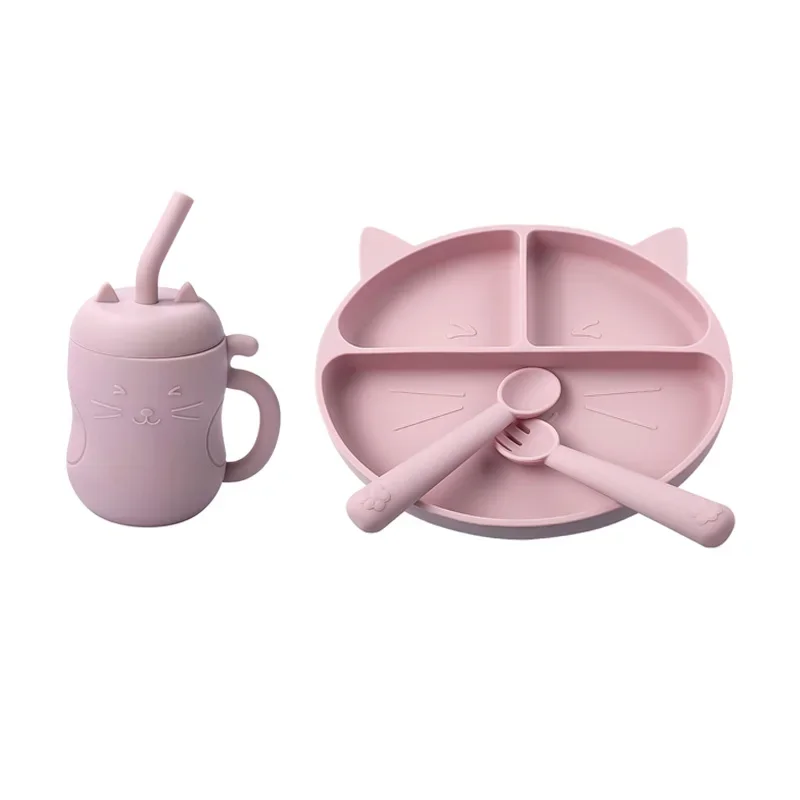 

4PCS Baby Soft Silicone Sucker Bowl Plate Cup Bibs Spoon Fork Sets Non-slip Tableware Children's Feeding Dishes BPA Free