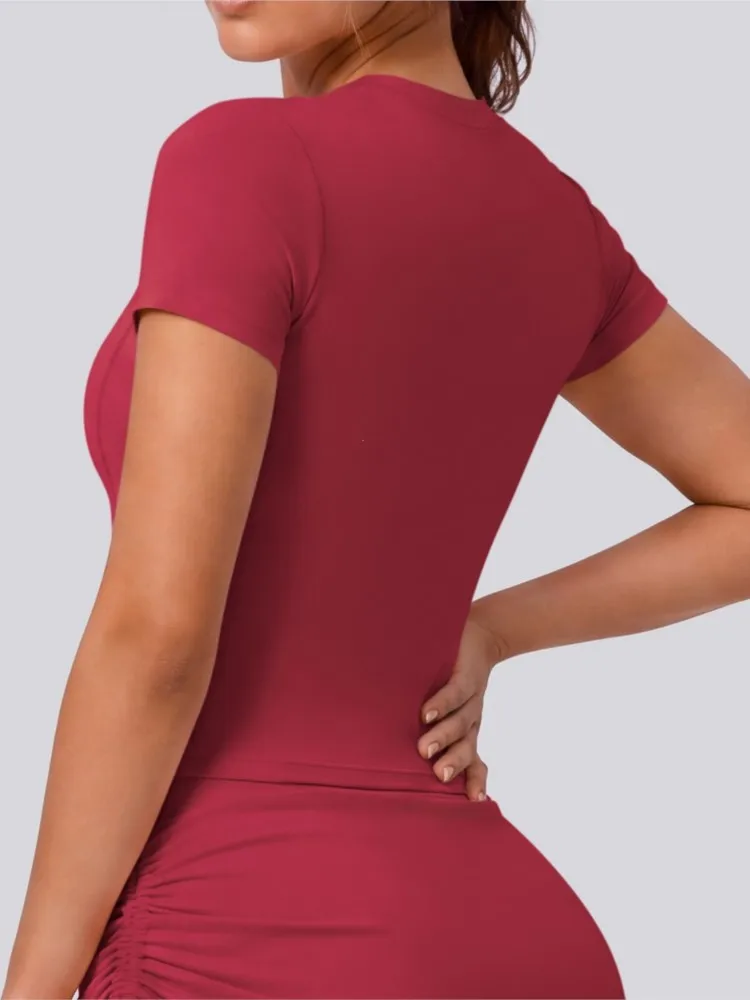 Sports Short Sleeve Solid Color Top Women Gym Yoga Top Workout Clothes Sports T Shirt Fitness Activewear Running Tight Tops