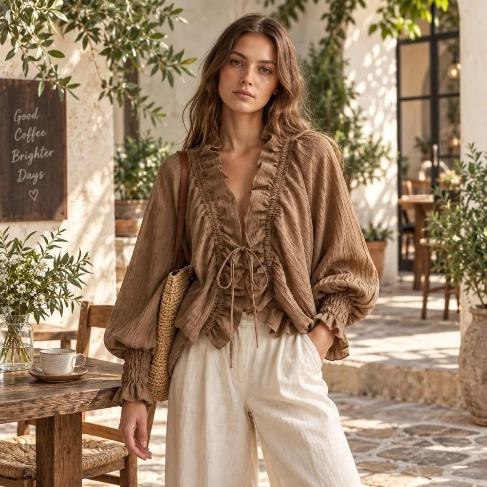 Lace-up Chic Ruffle Blouse V-Neck Loose Batwing Long Sleeve Blouse Drawstring Tie Front Lantern Sleeve Chiffon Shirt Spring