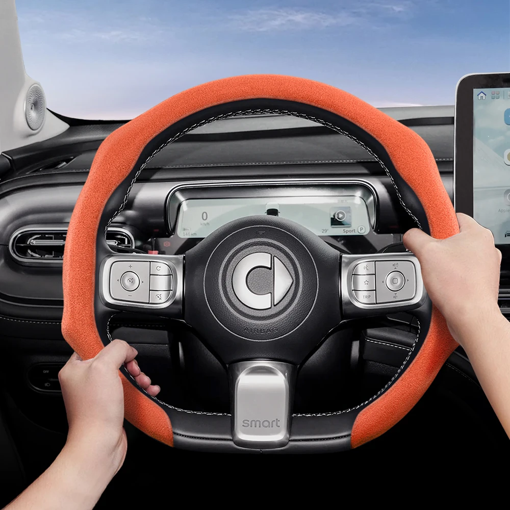 Suitable for Smart Premium Suede Snap-On Steering Wheel Cover Anti-Slip Durable Round and D-Shaped Steering Wheel Available Fortwo 451 450 Forfour 453 Brabus Prime Roadster 452 Coupe Eq Passion Custom Electric Drive