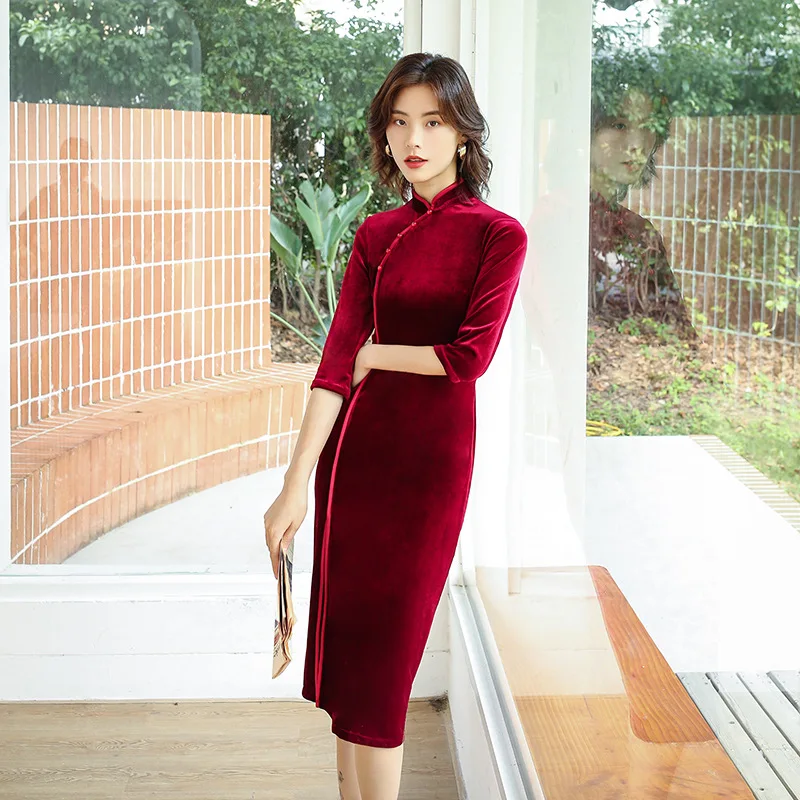 

Qipao Chinese Style Vintage Elegant Fashion Improved Cheongsam Fairy Red Black Velvet Dresses Girl Oriental Traditional Costume