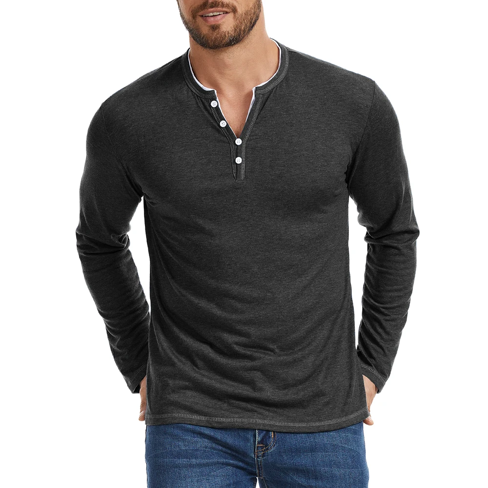 Frühling Neue männer Langarm Baumwolle T-shirt V-ausschnitt Taste Desigan Komfortable Einfache Stil Weiche Tees Mode Streetwear