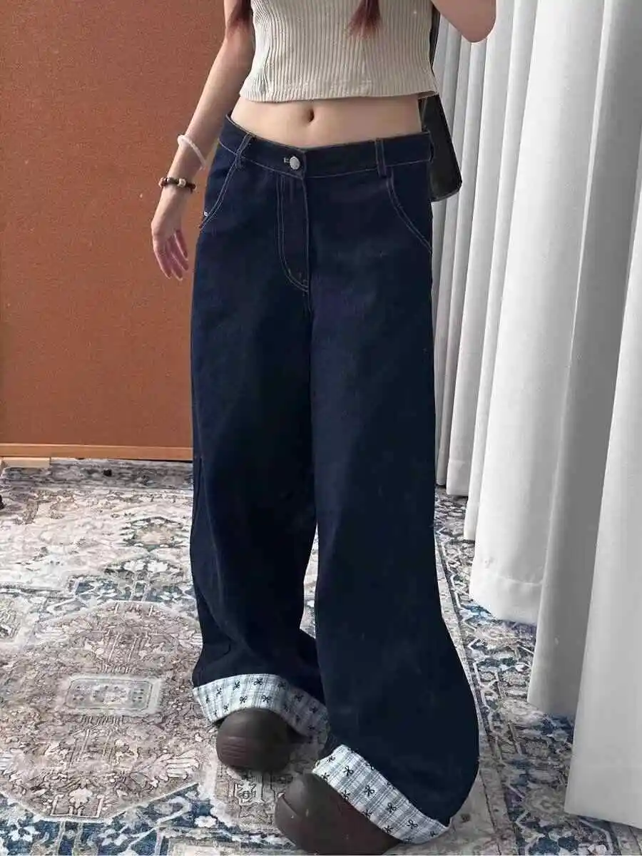 Oversized Plaid Splicing Bow Jeans for Women Autumn High Waist Letter Embroidery Deep Blue Straight Wide Leg Denim Pants