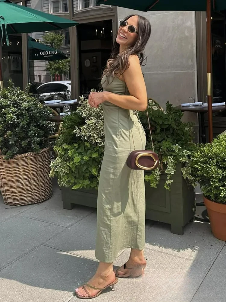 KONDALA Abito longuette da donna sexy chic con scollo a V solido con spacco senza schienale Abito longuette con lacci Moda 2025 Abito da spiaggia per le vacanze primavera estate