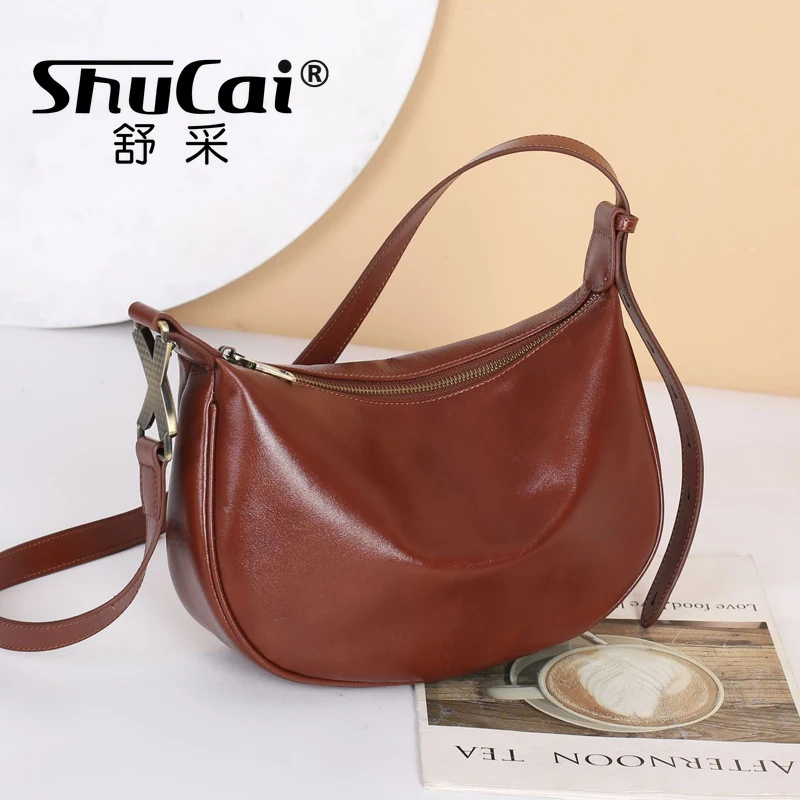 

Vegetable Tanned Genuine Leather Women's Bag Single Shoulder Crossbody Dumpling Bag Zipper Crescent Bag For Women