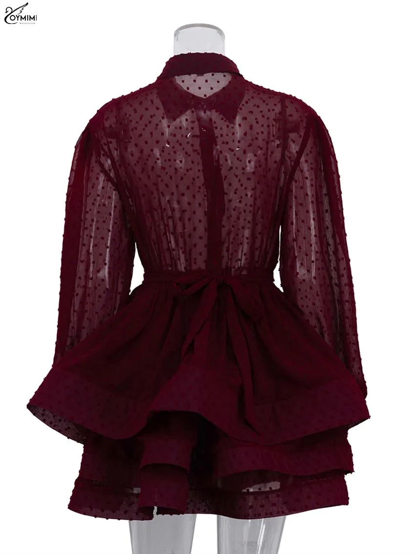 Oymimi Elegant Red Lapel Dresses 2025 Woman Casual Long Sleeve Single Breasted Dresses Fashion High Waisted Ruffled Mini Dress