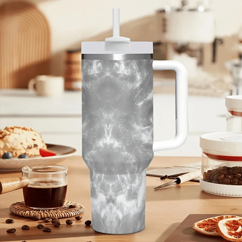 40Oz Gray Marble Texture Stainless Steel Tumbler with Handle Double Wall Vacuum Insulated Water Cup