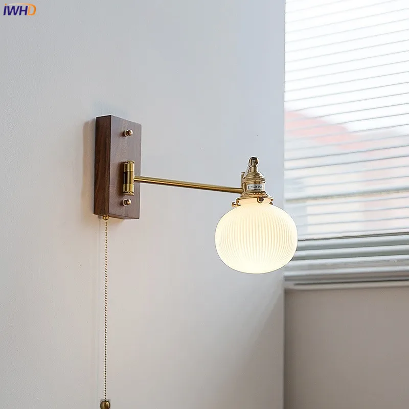 

IWHD Round Ball Ceremic LED Wall Light Fixtures Pull Chain Switch Plug In Walnut Wood Copper Arm Left Right Rotate Beside Lamp