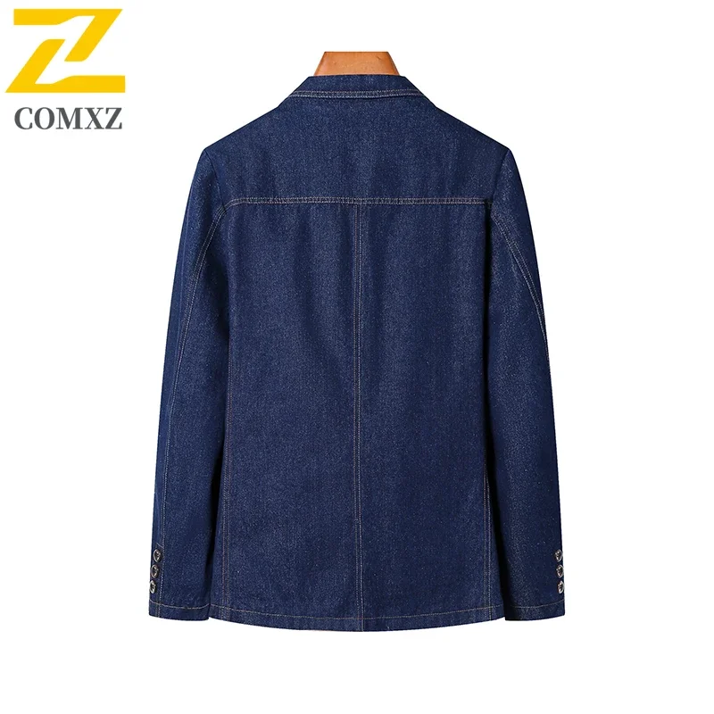 2025 Autumn  Vintage Denim Jacket Men's High Quality Luxury Cotton Blue V-neck Small Suit Coats Casual Business Loose Denim Coat