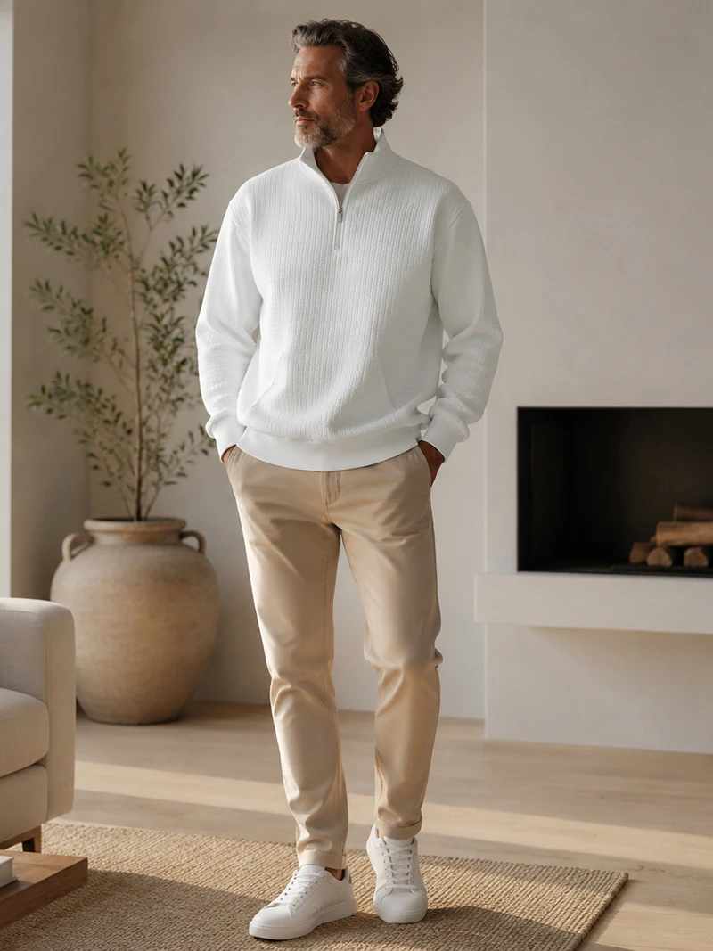 Herren Waffelstruktur Stehkragen Halbreißverschluss Langarm-Sweatshirt mit Kängurutasche, Locker Geschnitten, Frühling Herbst Weicher Lässiger Pullover – Detail 16
