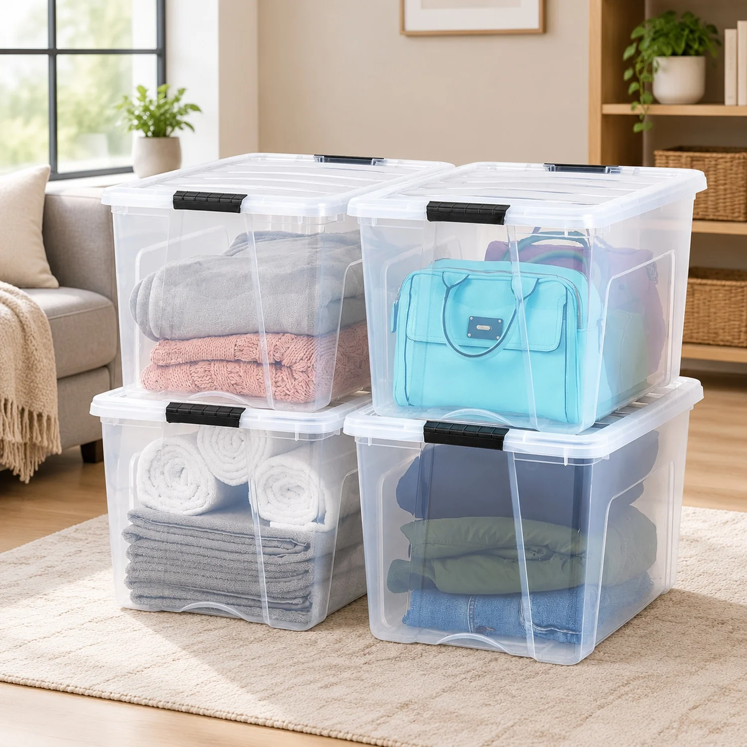 72 QT Plastic Storage Box with Lid and Latches - 4 Pack - BPA-Free, See-Through Organizing Solution, B0BRDVLPKBRB Durable