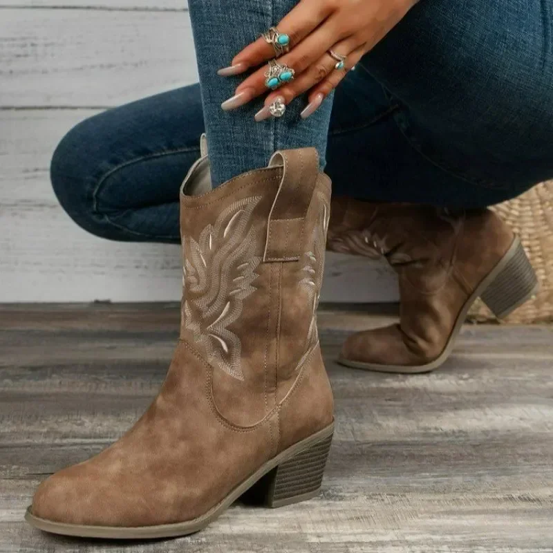 Classic Western Boots for Woman 2024 Cow Suede Pointed Toe Wedges Heel Ankle Boots Simple Comfortable Cowboy Boots Female