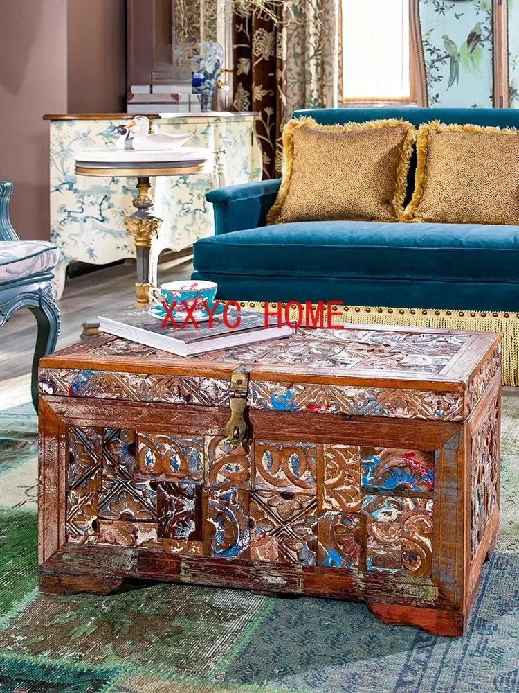 

French Retro Classical Storage Coffee Table Square Solid Wood High-End
