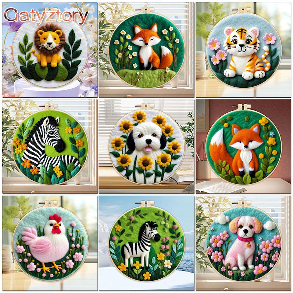 

GATYZTORY Non-Finish Funny DIY Wool Embroidery Kit Ins Creative Animal Fox Dog Zebra Wool Stitch Picture Kit Craft Wholesale