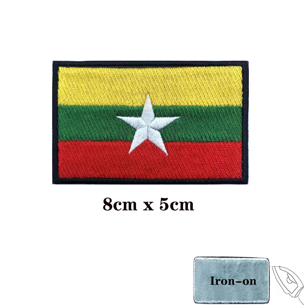 Burmese Flag Myanmar Patches Armband Embroidered Patch Hook & Loop Iron On Embroidery  Badge Military Stripe