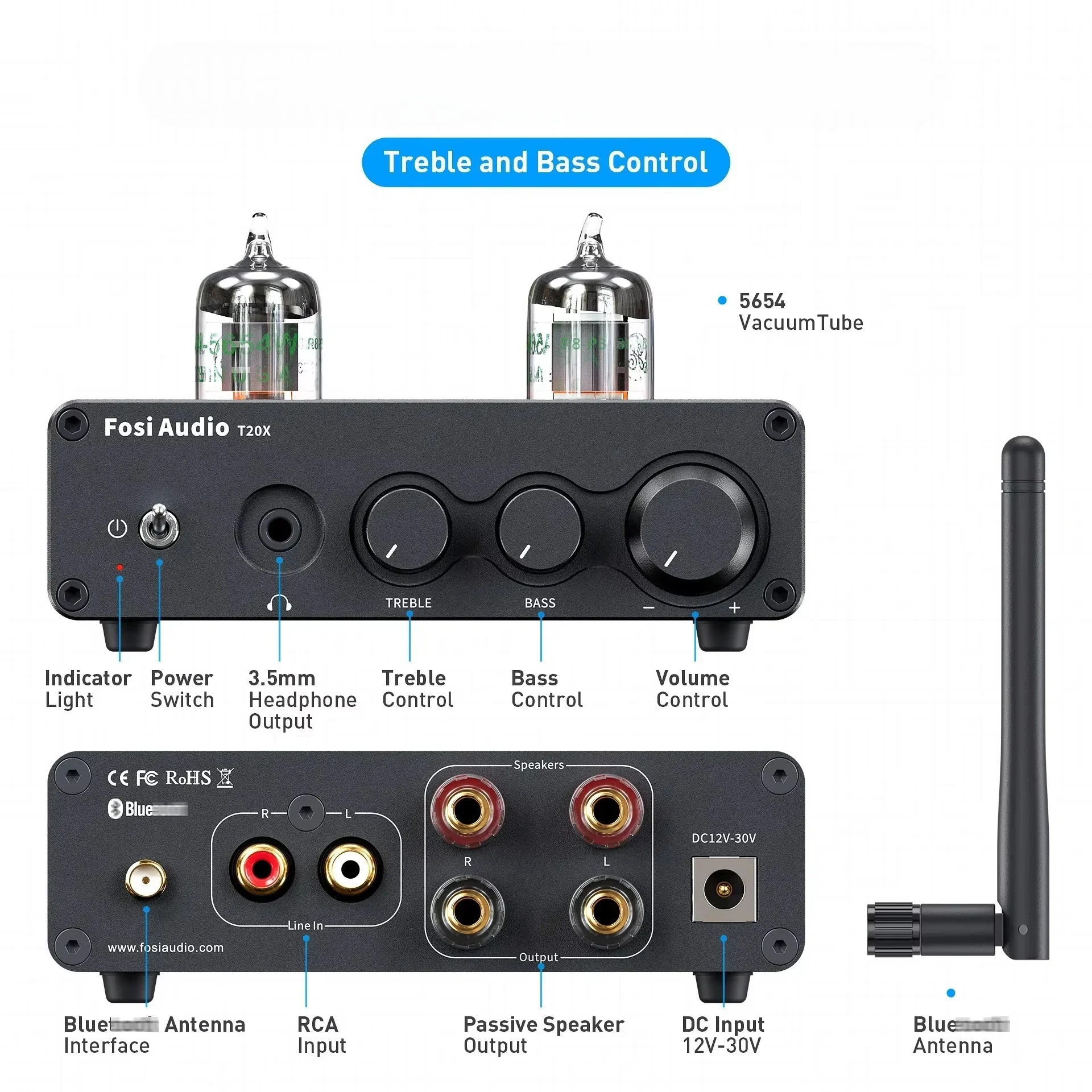 T20X Vacuum Tube Amplifier 100W Bluetooth 5.0 Hybrid Stereo Power Amp TPA3221 5654W Tubes Bass Treble for Home Theater