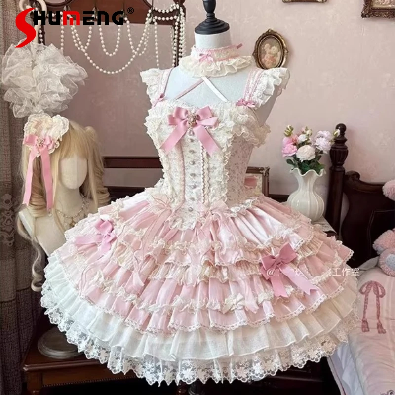

Pink Lolita Style Sling Dresses JSK Bow Lace Patchwork Girl's Slim Fit Birthday Party Dress Princess Kawaii Dress for Women