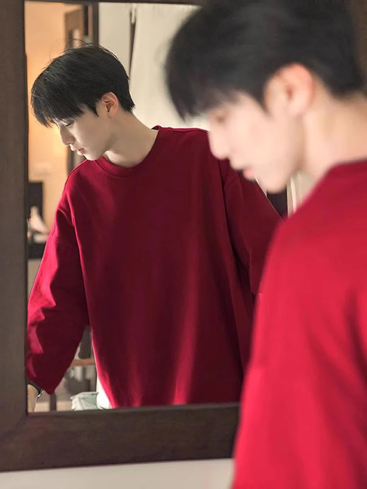 

Red Wine Color American Sle Heavyweight Sweatirt Men's 400g Pure Cotton Base Layer irt Tee Needle Couple's Wear