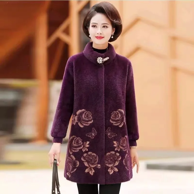 Mom's Oversized Coat For Autumn Winter Imitation Mink Fur Medium Long Style Noble Women's Clothing Stylish Woolen Jacket W1058