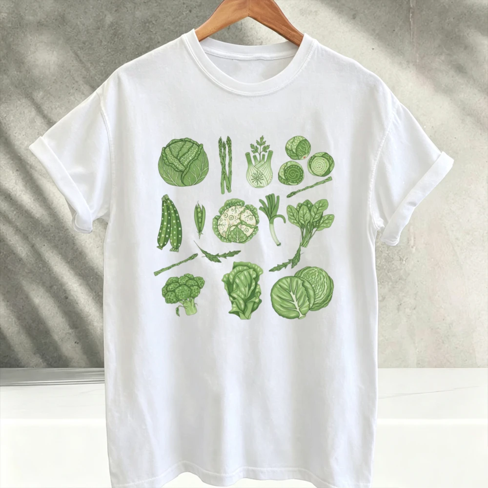 Vintage Green Vegetables Graphic Printed Cotton T-Shirt Botanical Veggie Plant Art Short Sleeve Tee Top for Men Women  Y2k Goth