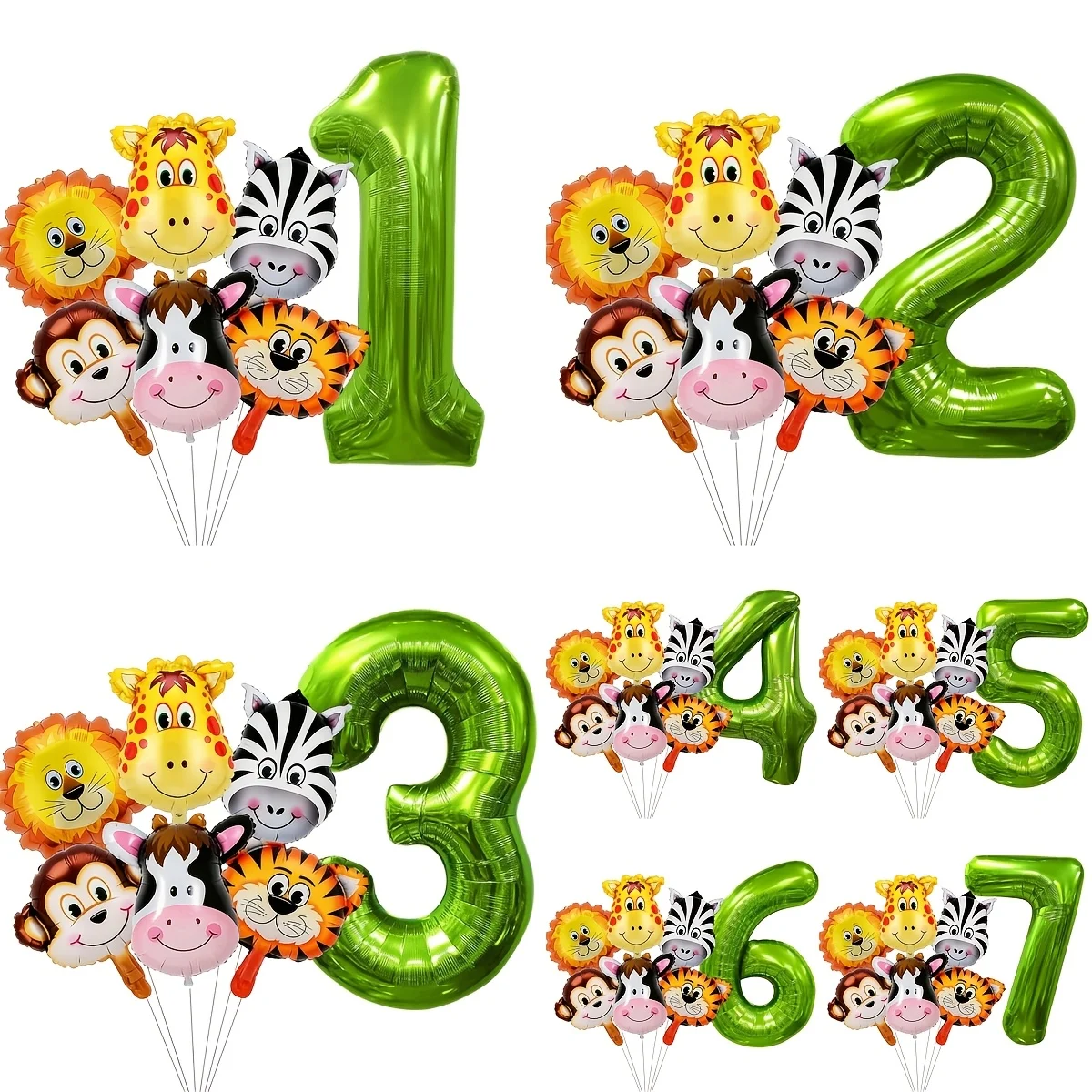 Birthday Celebration Jungle Wildlife Balloon Set, Includes Green Foil Number Balloons and Zoo Animal Balloons, with "Wild One" T