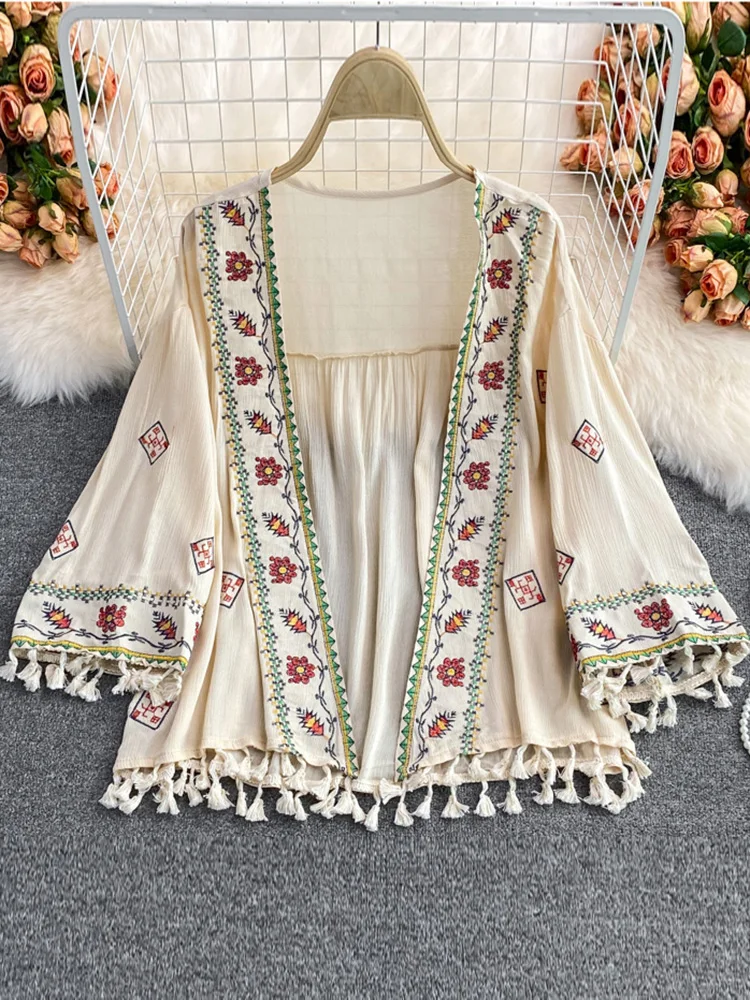 

SEDUTMO Summer Bohemian Kimono Women Pareo Beach Cover Up Short Fashion Embroidery Poncho Cardigan Tassel Shirt ED1876