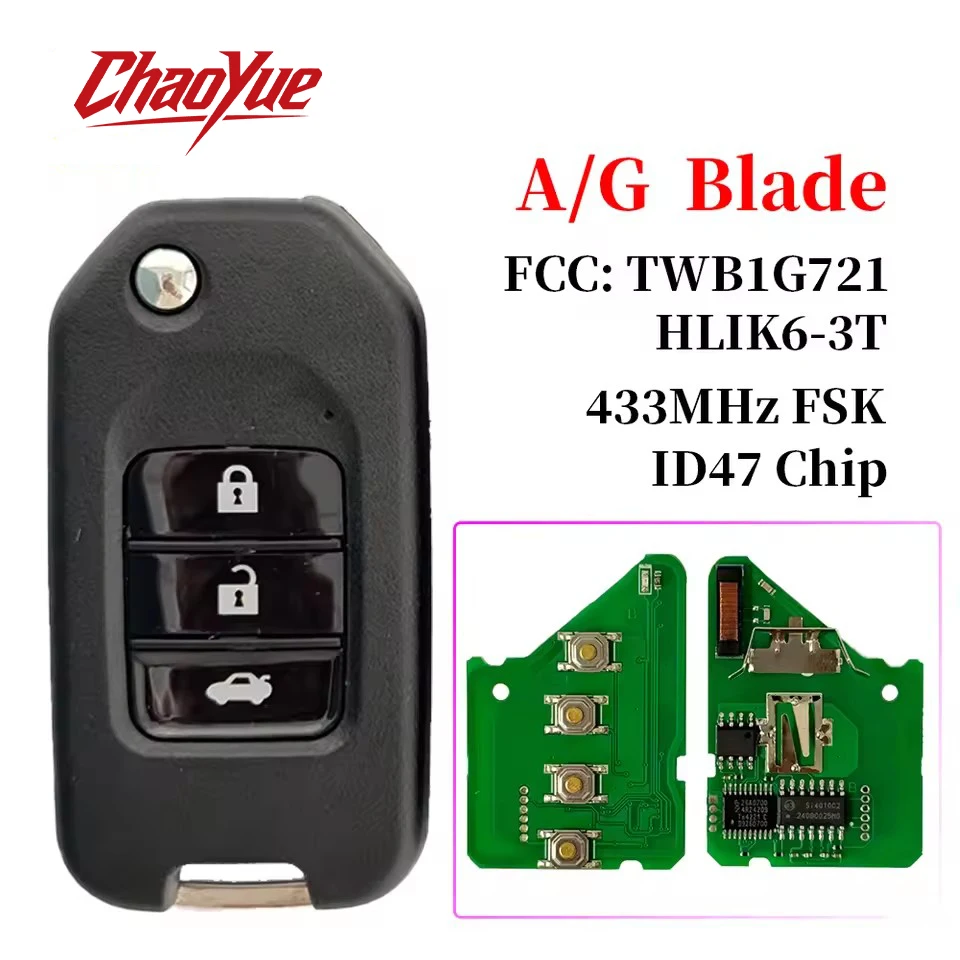 CY TWB1G721 HLIK6-3T ID47 Chip 433MHz A/G hoja llave remota de coche para Honda Accord Civic City CRV Jazz XR-V Vezel HR-V FRV