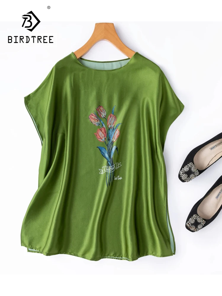 BirdTree-93%Silk 7%Spandex Elegant T-Shirt, Batwing Sleeve Floral Print, Women Fashion Cool Loose Tops, 2026 Summer New T67357CC