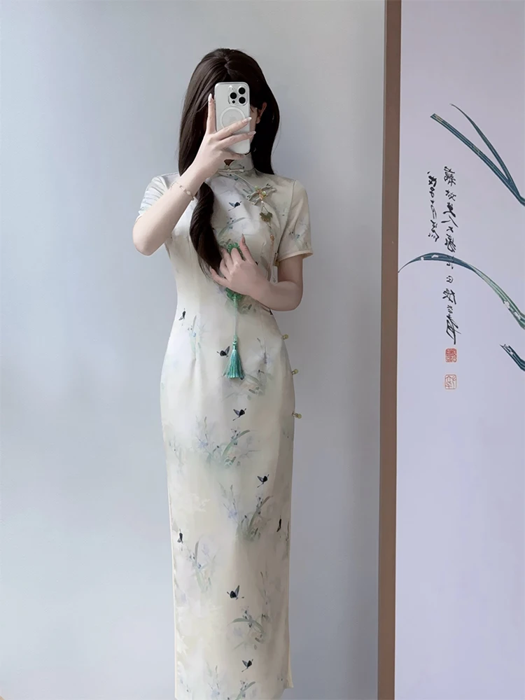 

Ele Young Sle Vintage Chinese Long Dr Slant Collar ort Sve Low Slit Daily Wear Floral Patterned