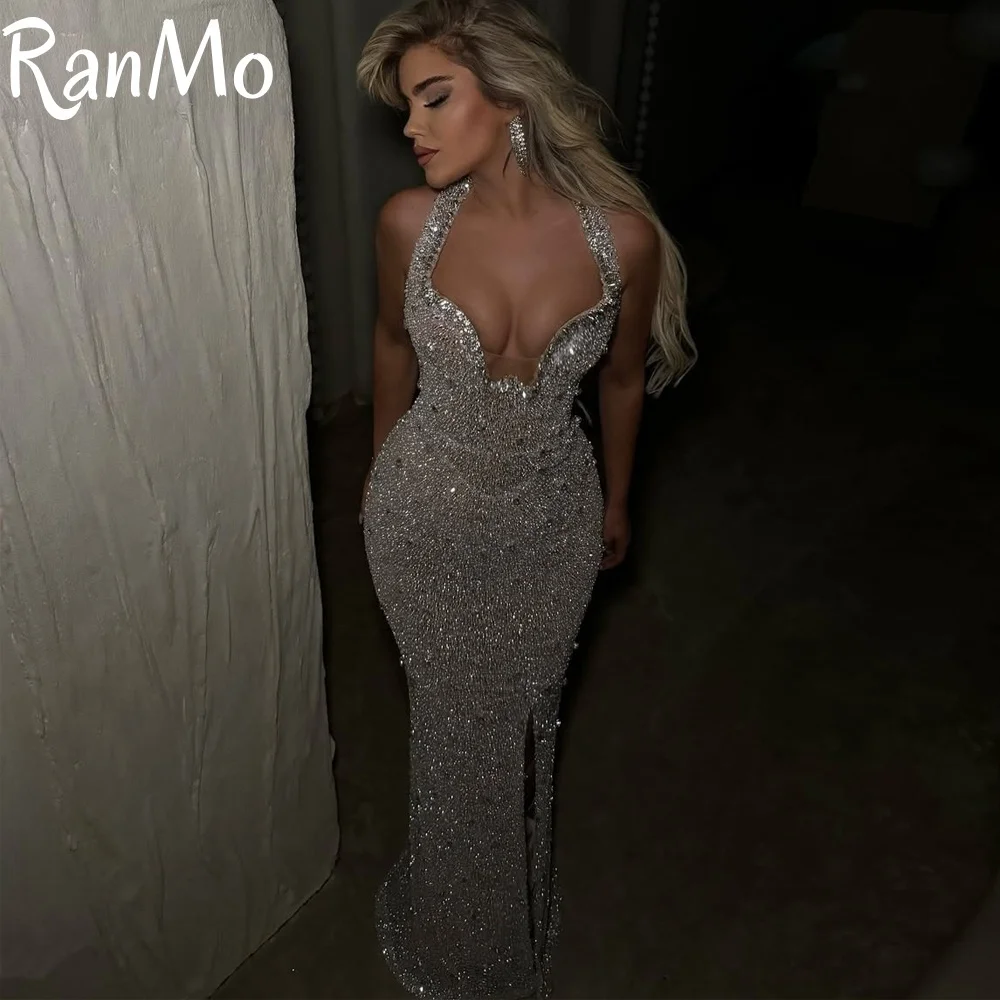 

Ranmo 2025 Long Sheath Shiny Wedding Party Prom Dress Halter Sexy Side fork Evening Gown Saudi Customized فساتين سهرة