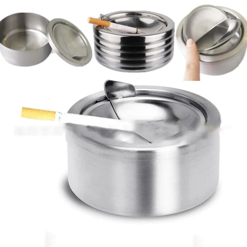 1pc Cigarette Lidded Ashtray Stainless Steel Silver Windproof Ashtray With Lid Round Shape Smoking Ash Tray