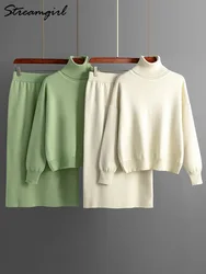 Autumn Turtleneck Sweater And Skirt Sets For Women 2023 Knit Two Pieces Winter Sets Pullover White Suit Women Skirt And Top Set