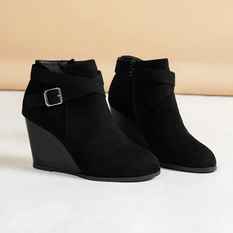 

Black Wedge Heel Modern Boots Suede Side Zip Ankle Boots Women Winter Boot Buckle Shoes Botas Mujer Botines Big Size High Heels