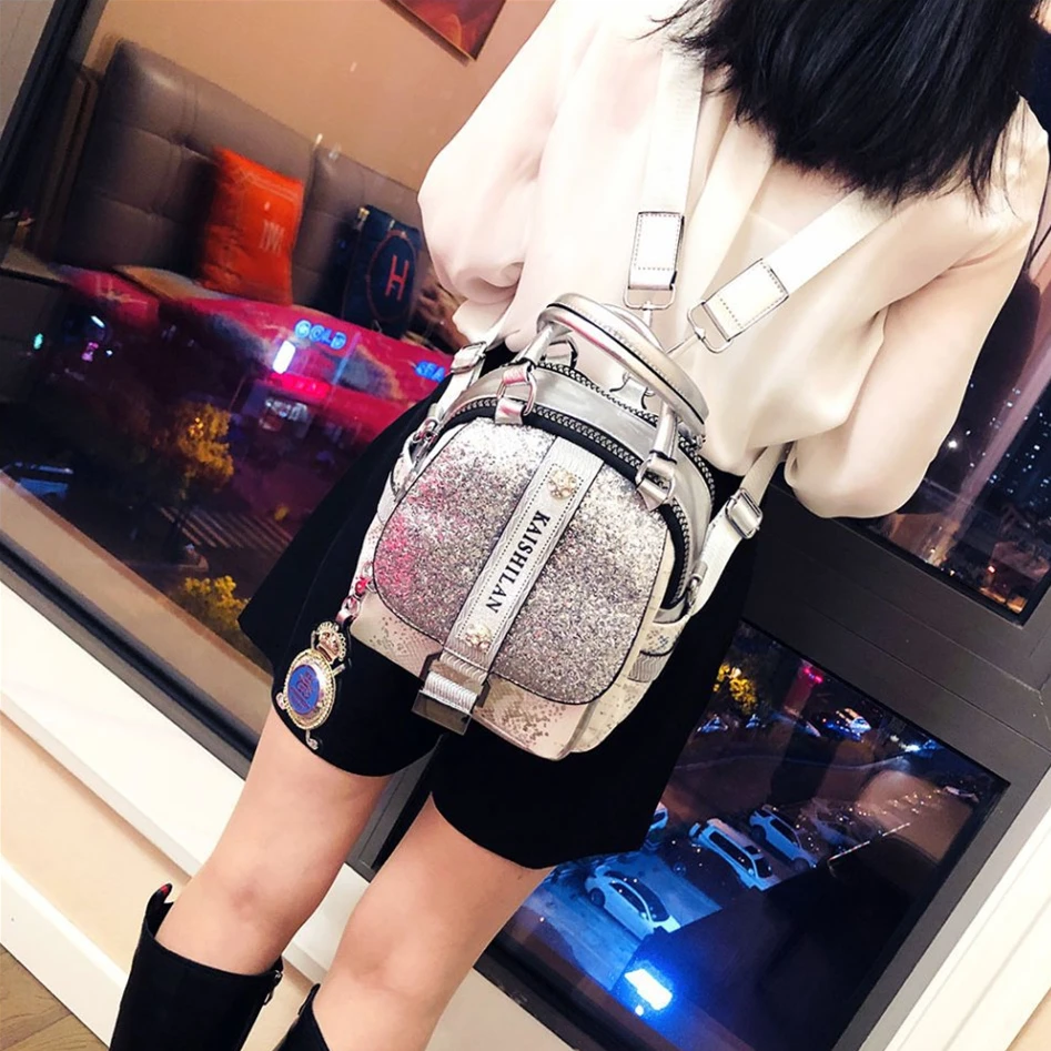 Women Design Vintage Serpentine Vegan Leather Pouch Bag Travel Small Size Glitter Iridescent Multi Pockets Convertible Backpack