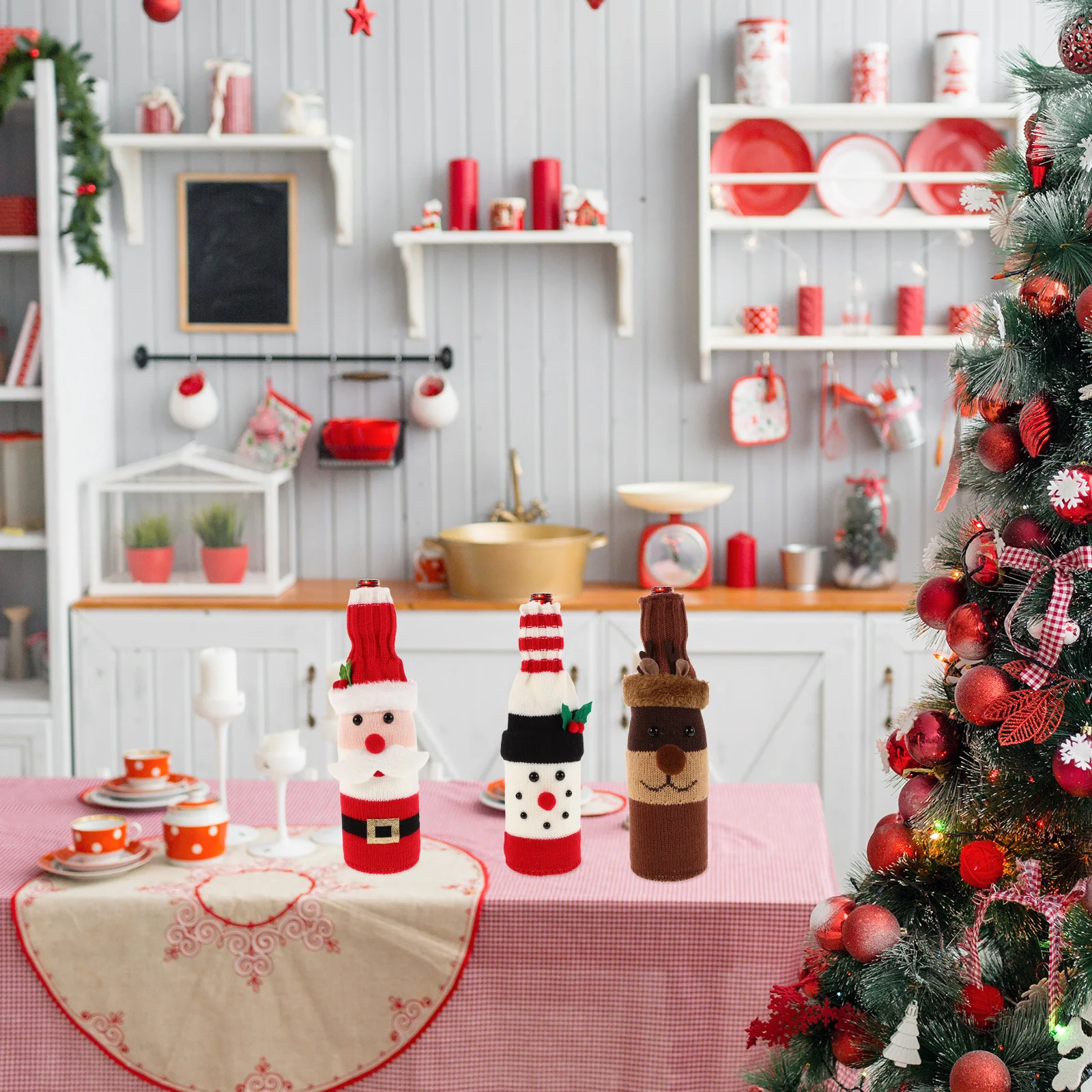 

3Pcs Decorative Wine Bottle Covers Knitted Sweater Pattern Holiday Wine Bottle Wrap for Cozy Home Dining Room Decor