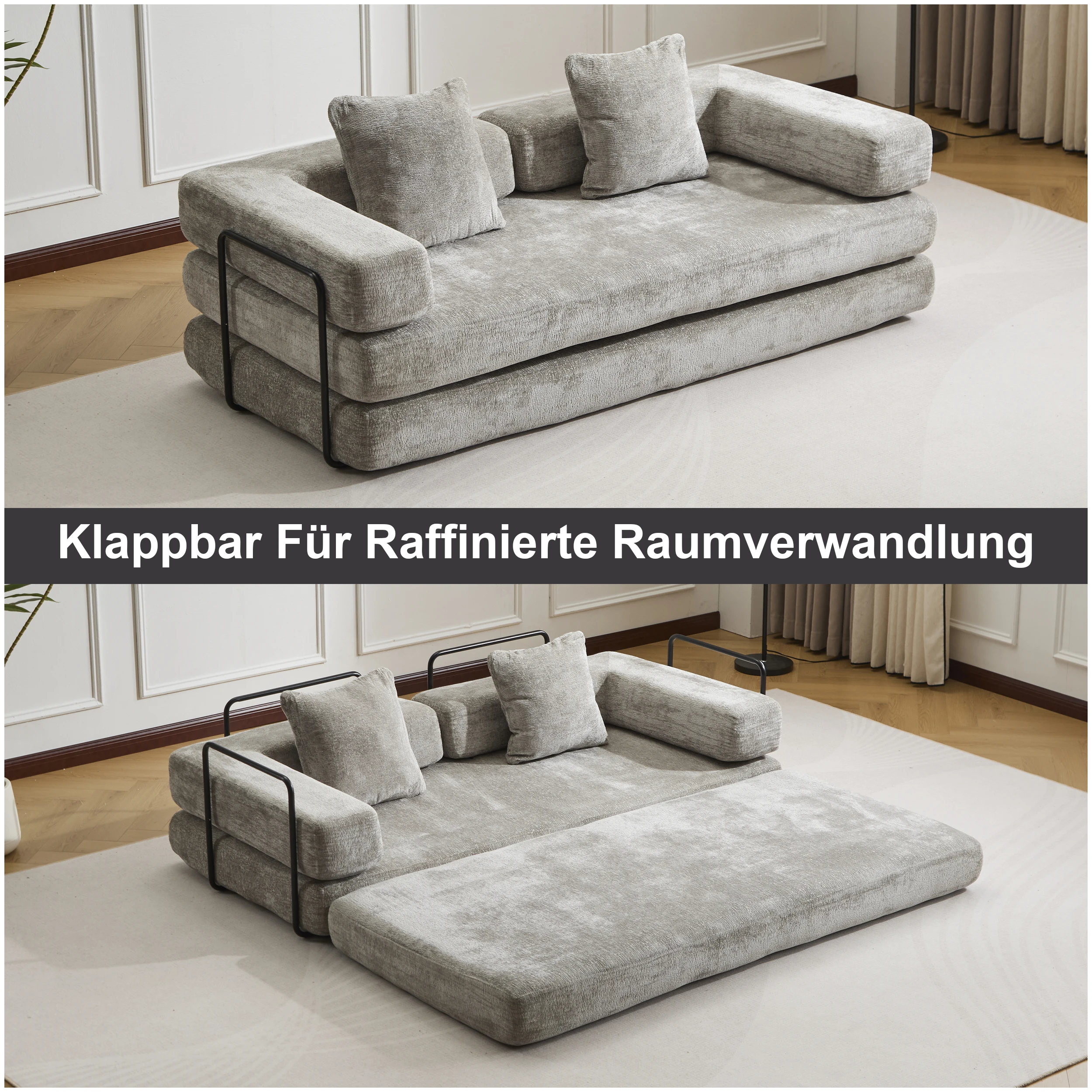 Sofá-cama compressível de chenille cinza claro, 3 em 1, sem necessidade de montagem, sofá de chão dobrável, sofá de loveseat macio para sala de estar