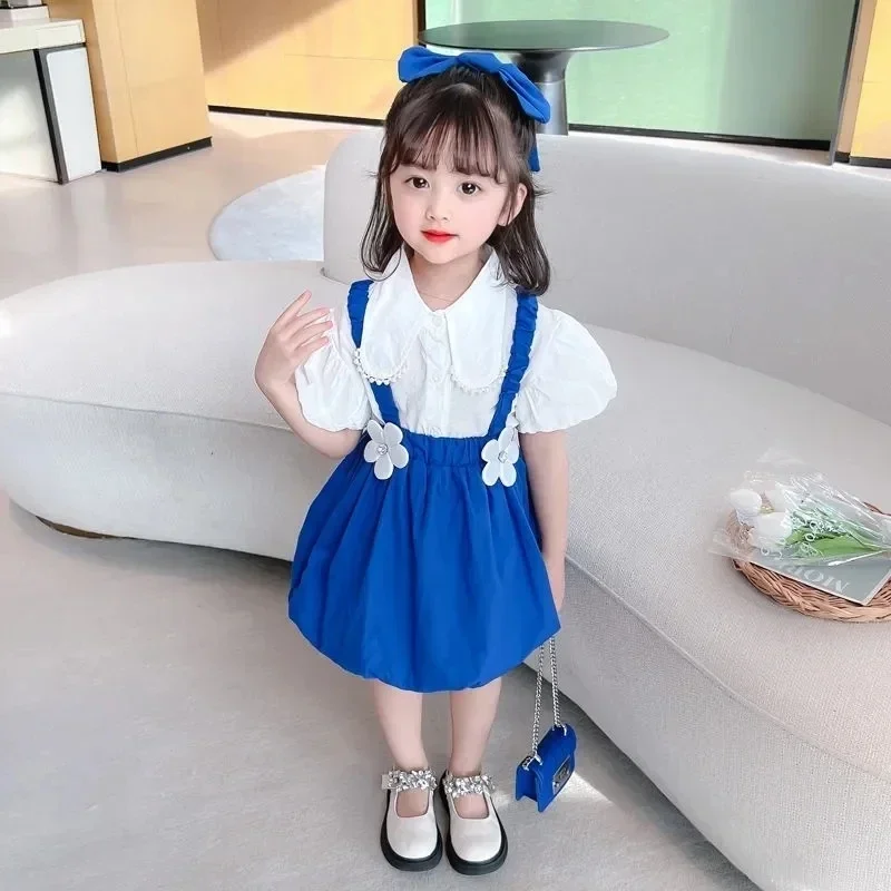 

Baby Girls Summer Suit 2024 New Korean Version Children's Princess Skirt Short Sleeve Shirt Slip Dress Two-piece Set