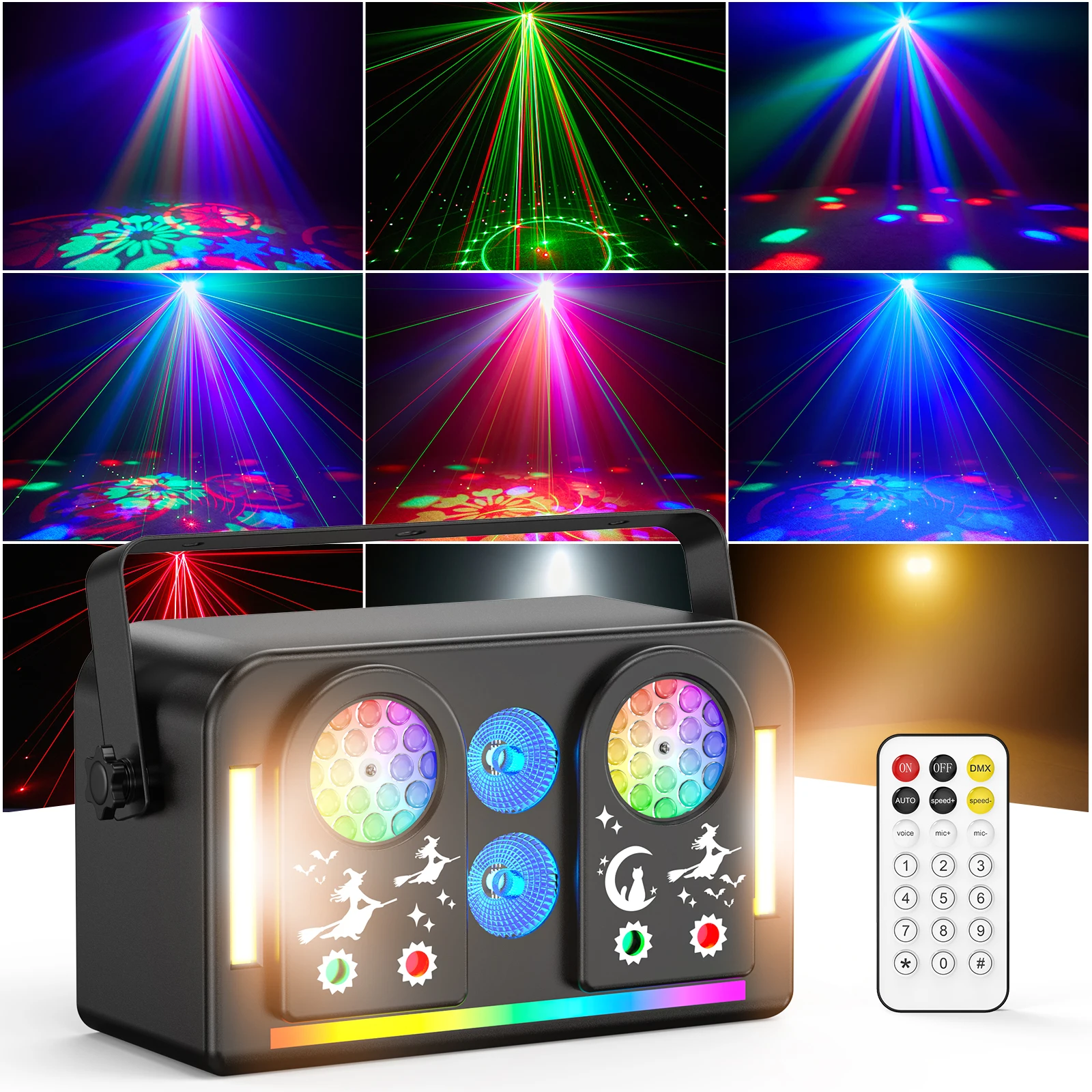 U'King 36W Effect Light LED Strobe Stage Light 7IN1 Colorful Patterns RGB Laser DJ Light with Strip DMX512 for Disco Party Club