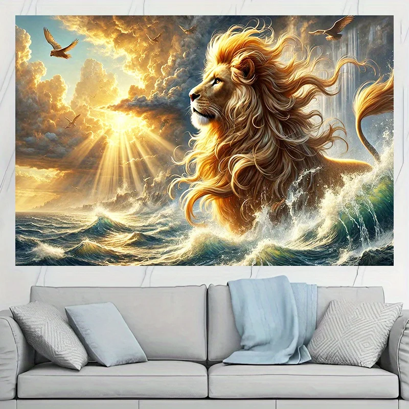 

1pc Majestic Lion Sunrise Ocean Waves Tapestry - Vibrant Polyester Wall Hanging, Durable Indoor/Outdoor Art, No Electricity Need