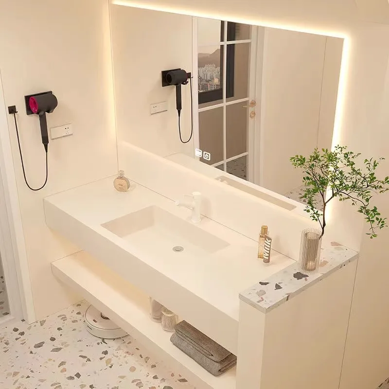 Double-layer rock slab wash basin bathroom cabinet ceramic seamless wash basin combination