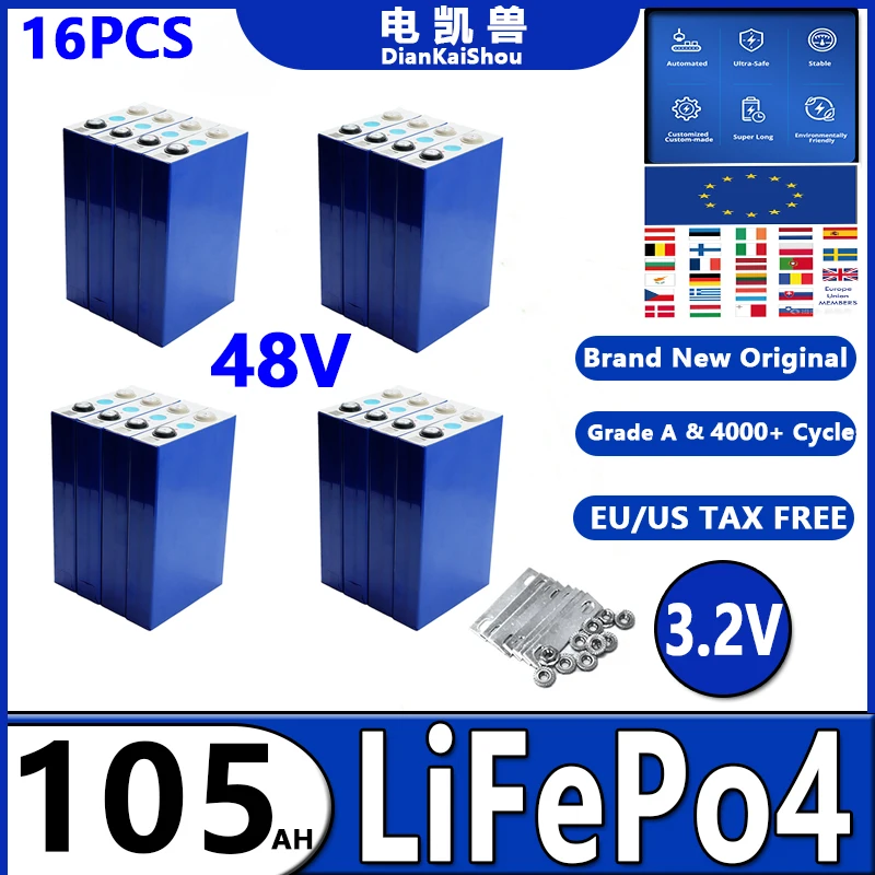 

16PCS 3.2V 105Ah LiFePO4 battery DIY 4s 8s 12v 24V 48V RV Motorcycle Electric Car travel Solar inverter Batteries Duty-free