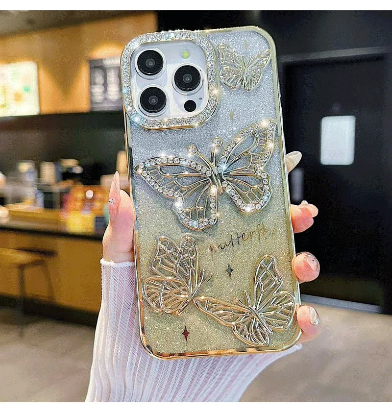 Women Girl's Diamond Butterfly Phone Case for iPhone 16 15 14 13 12 Pro MaxTransparent Plating Soft Silicone Cover