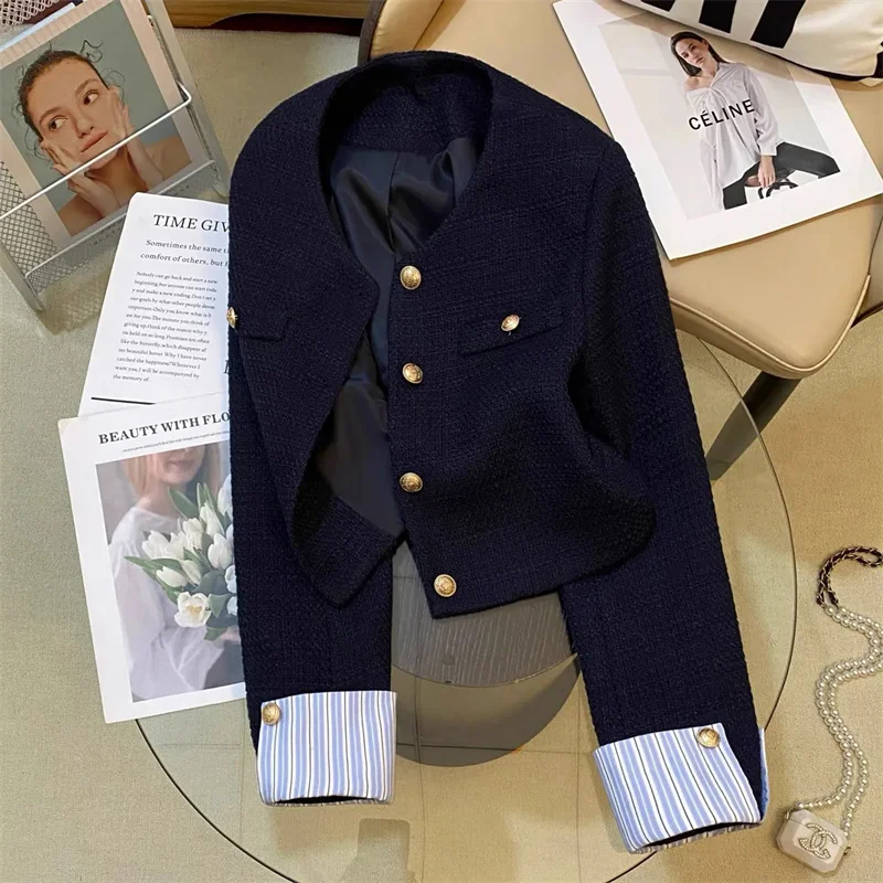Autumn Korean New Elegant Jacket Women Blazer Long Sleeve Chic Outwear Fashion Patchwork O Neck Casual All-match Office Lady Top