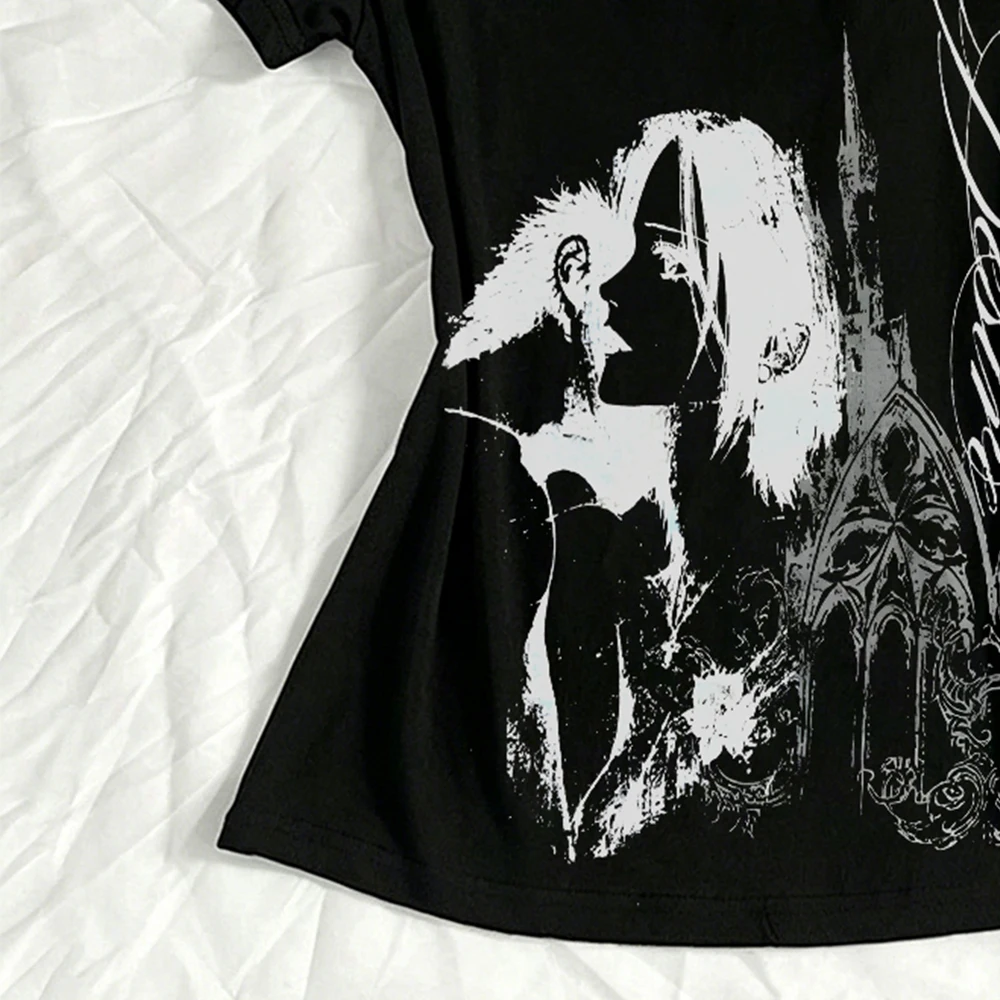 Japanese Y2k Kitty Women's V-neck 2000s Top Emo Women's T-shirt Gothic Pattern T-shirt Y2k Women's Top