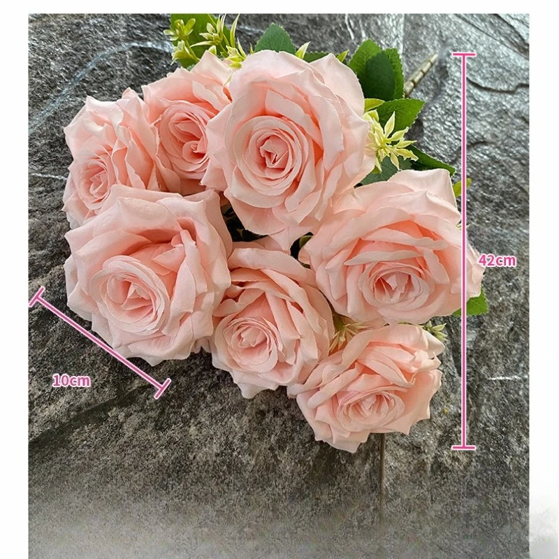 2/5 Stück Künstliche 7-köpfige Rosensträuße aus gebürstetem Stoff, Kunstblumen für Hochzeiten, Rosa Pariser Rosen, Simulationsblumen zur Dekoration von Hallen – Detail 1