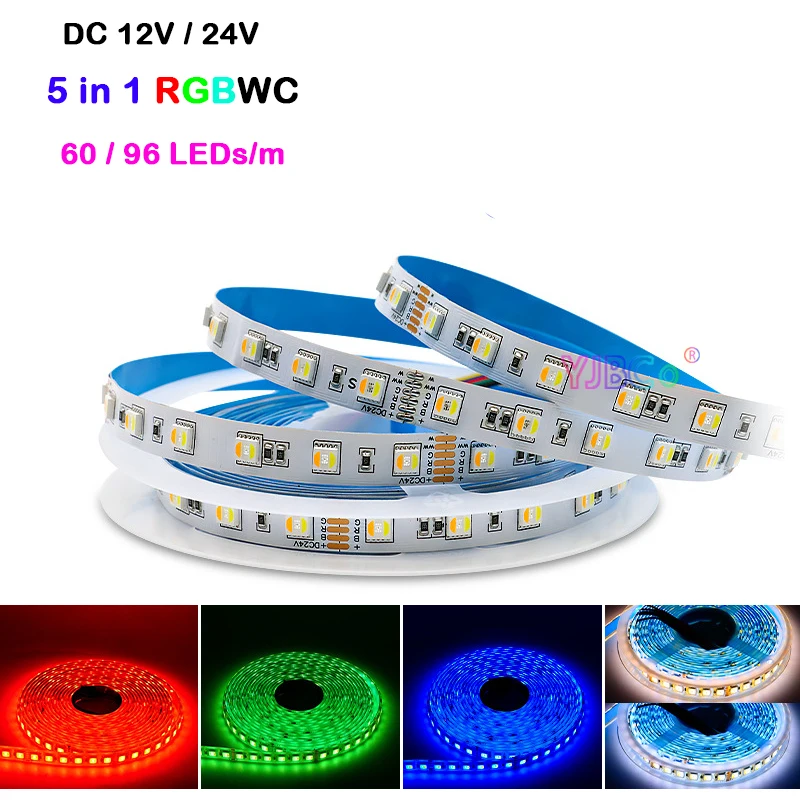 12V 24V DC 5m RGBCCT 5 in 1 LED Strip SMD 5050 60LEDs/m 96LEDs/m RGB+CW/WW RGBWC light bar Flexible Ribbon high brightness tape