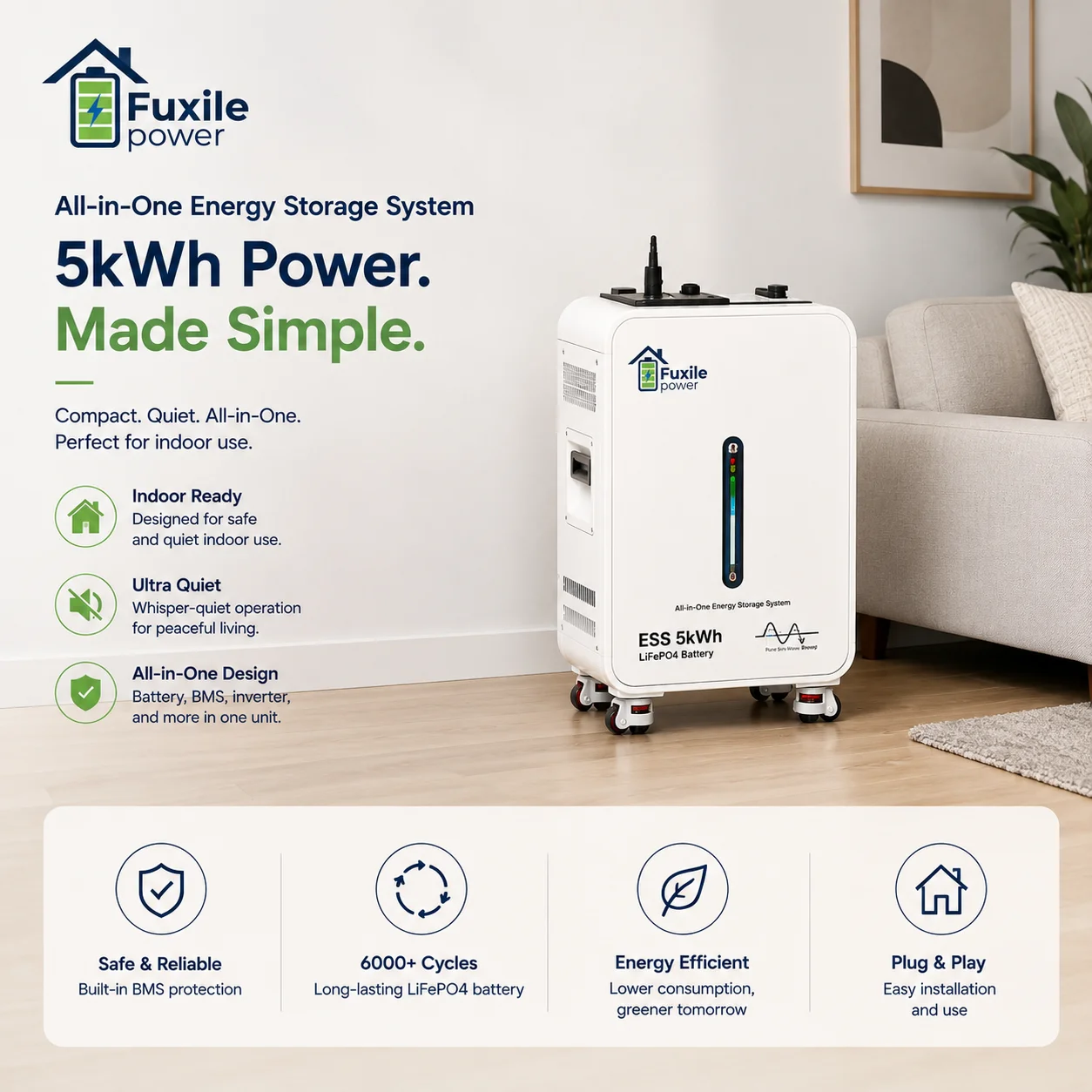 All-In-One Solar Energy Storage System 5kWh LiFePO4 Battery 6200W Grid Hybrid Inverter Dual MPPT PV Input CAN Home Emergency