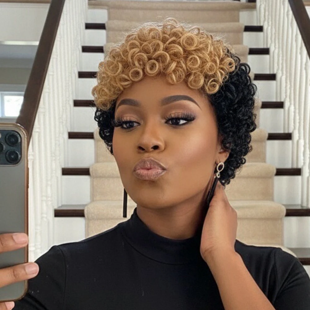 شقراء سوداء مجعد عابث قطع شعر مستعار البرازيلي خصلات الشعر المستعار الإنسان مع الانفجارات قبل قطعها للنساء آلة صنع خصلات الشعر المستعار الإنسان القصير